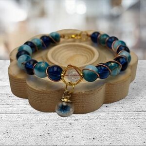 Handmade wirewrapped Elegant Blue and Gold Beaded Bracelet